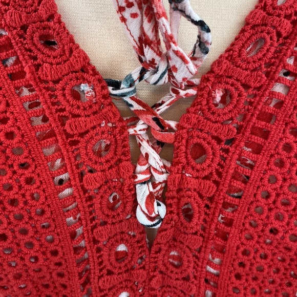 Torrid Red Floral Crochet Lace Up Neck Flowy Sleeveless Blouse - Picture 3 of 14